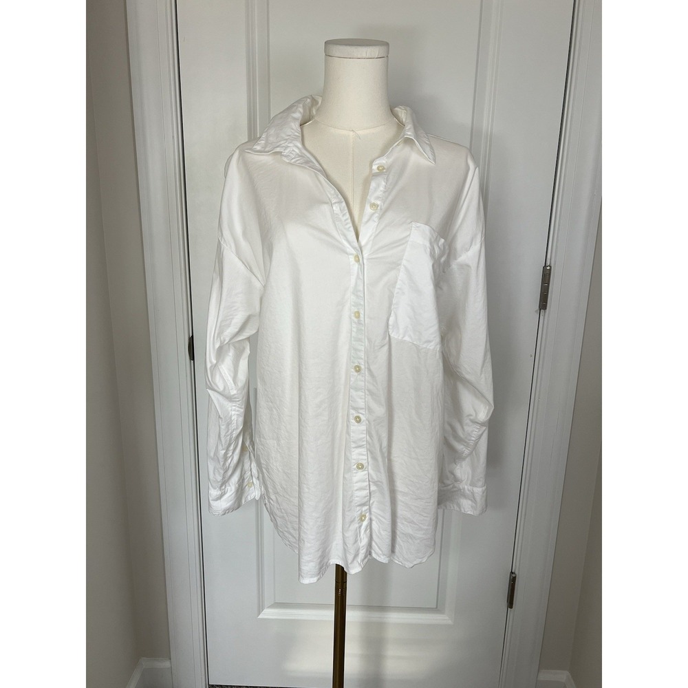 Ann Taylor LOFT White Oversized‎ Button Down Pocket Shirt Size Large Petite NWOT